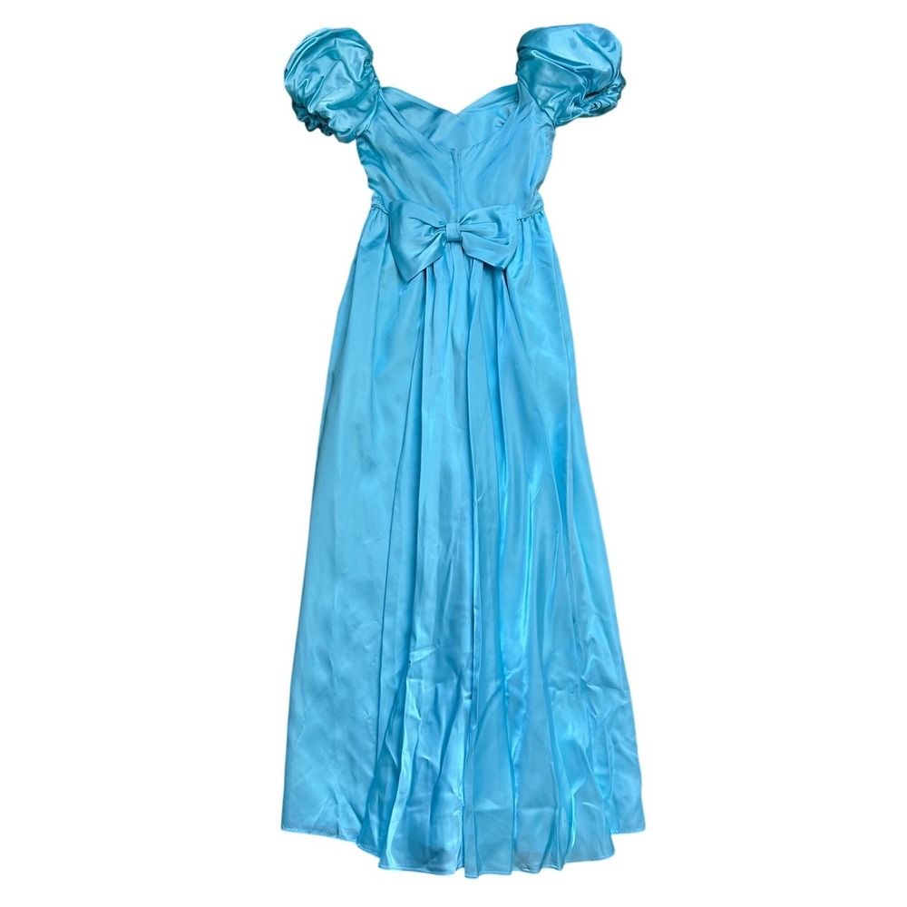 Vintage 80s Light Blue Satin Puff Sleeve Evening Gown Bow Back Formal Dress S